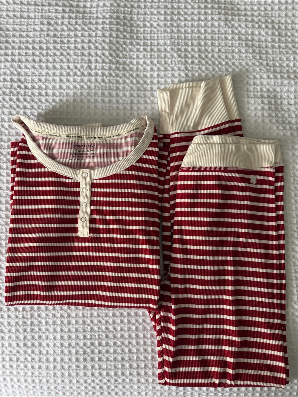 Lucky Brand Red and Cream Striped Ribbed Henley Pajama Set